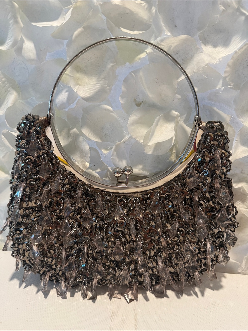 Beaded Gray Evening Clutch with Silver Ring Handle